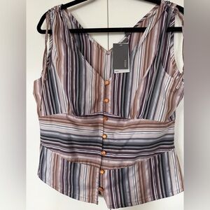 NWT Mexx Striped Tie Shoulder Blouse Button Front V-Neck Size 12 EU 42